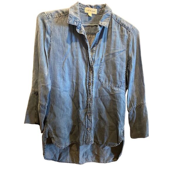✨Anthropologie Chambray Button Down Hi/Low Hem Denim Sz Small Shirt✨ - Picture 3 of 11